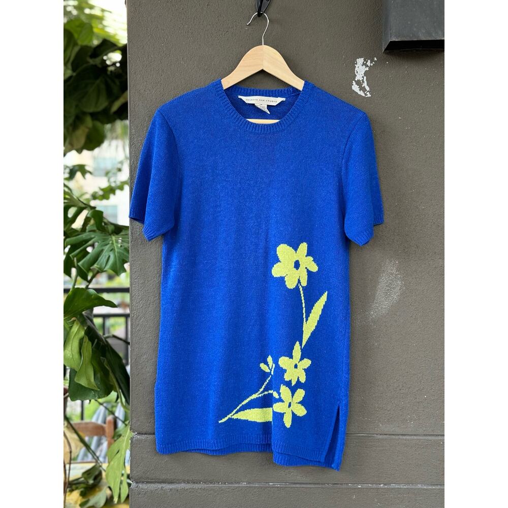 Melrose Silk Studio Womens Medium Silk Blue Floral Knit Sweater Pullover T-Shirt